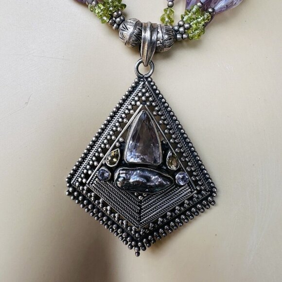 Statement Pendant Necklace 16" Amethyst Peridot Citrine Gems 925 Sterling 100.4g - Picture 4 of 12